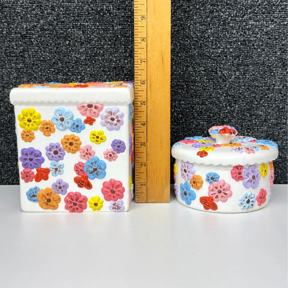 Vintage 1978 Arnel's Ceramic Floral Tissue Box Cover & Trinket Jar Set 70s Decor